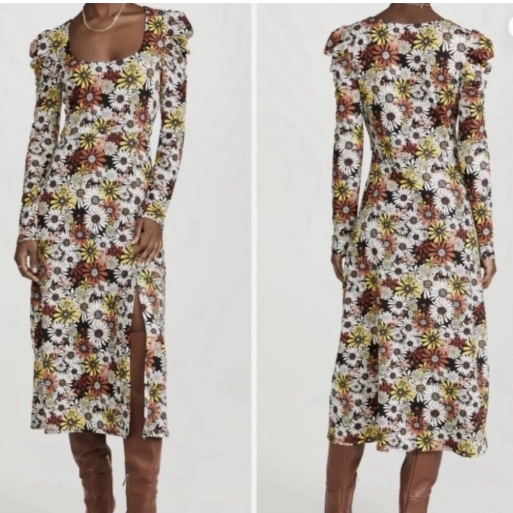WAYF Lalia Puff Sleeve Slit Front Dress Size Small Midi